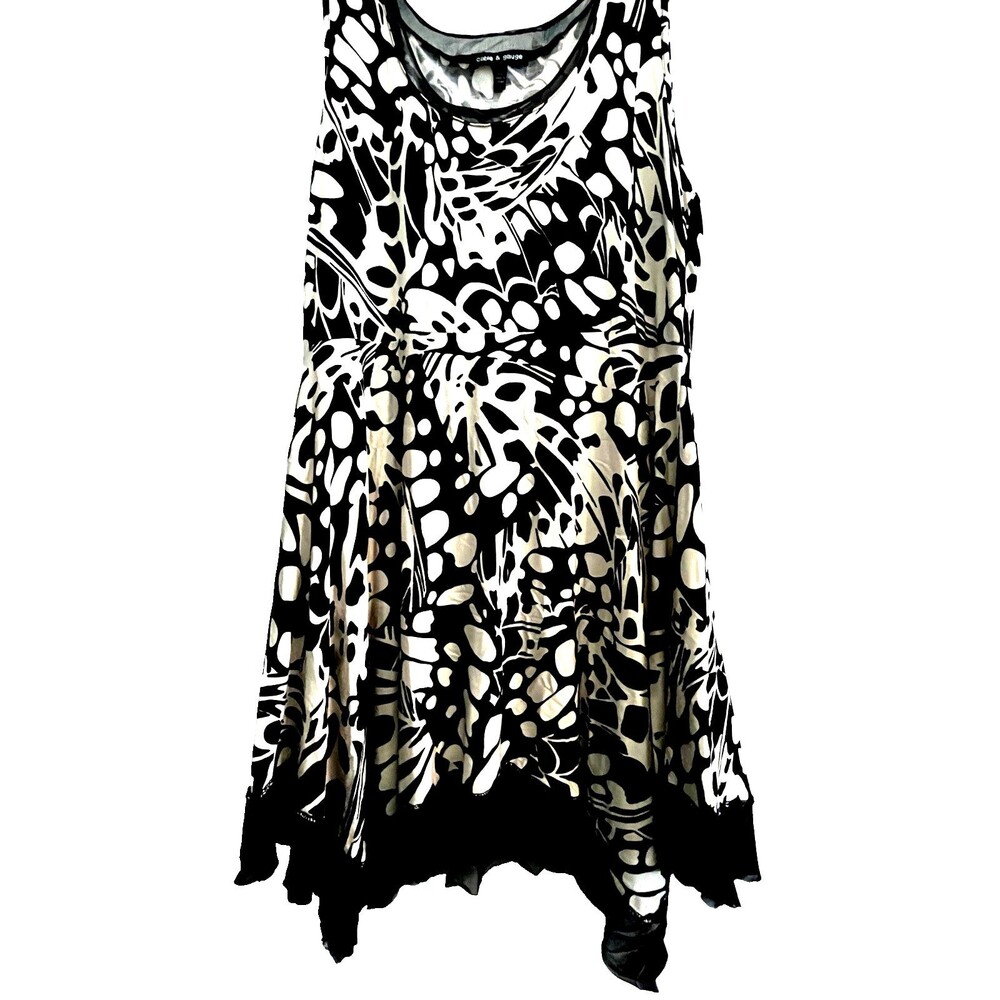 Butterfly Tribal Animal Black/Beige Print Handkerchief Mesh Trim Hem Dress XL